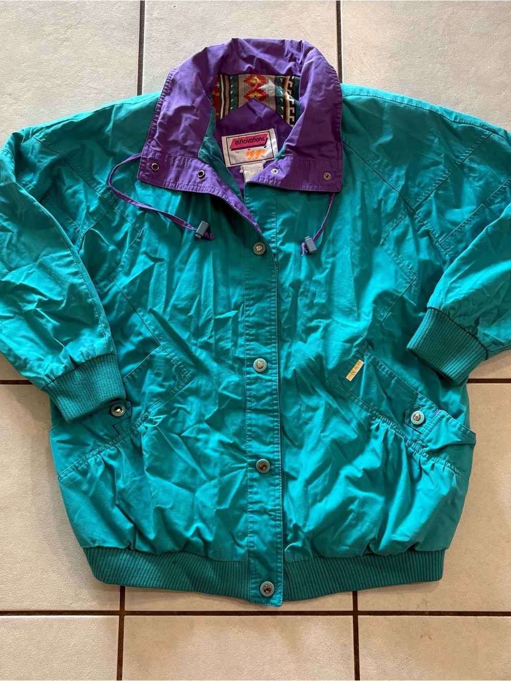 Vintage 80s 90s Innovations izzi Colorblock Jacket Windbreaker Teal Pattern M